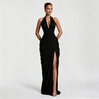 Edeltraud | Women's Halter V-Neck Ruched Slit Cocktail Dress