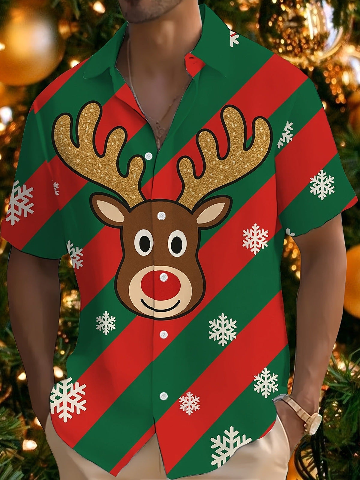 Bouke | Men's Pink Cartoon Print Short Sleeve Christmas Blouse