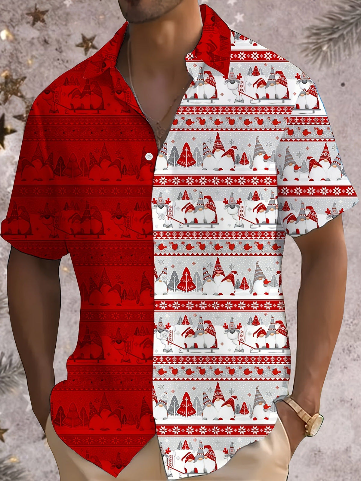 Bouke | Men's Pink Cartoon Print Short Sleeve Christmas Blouse