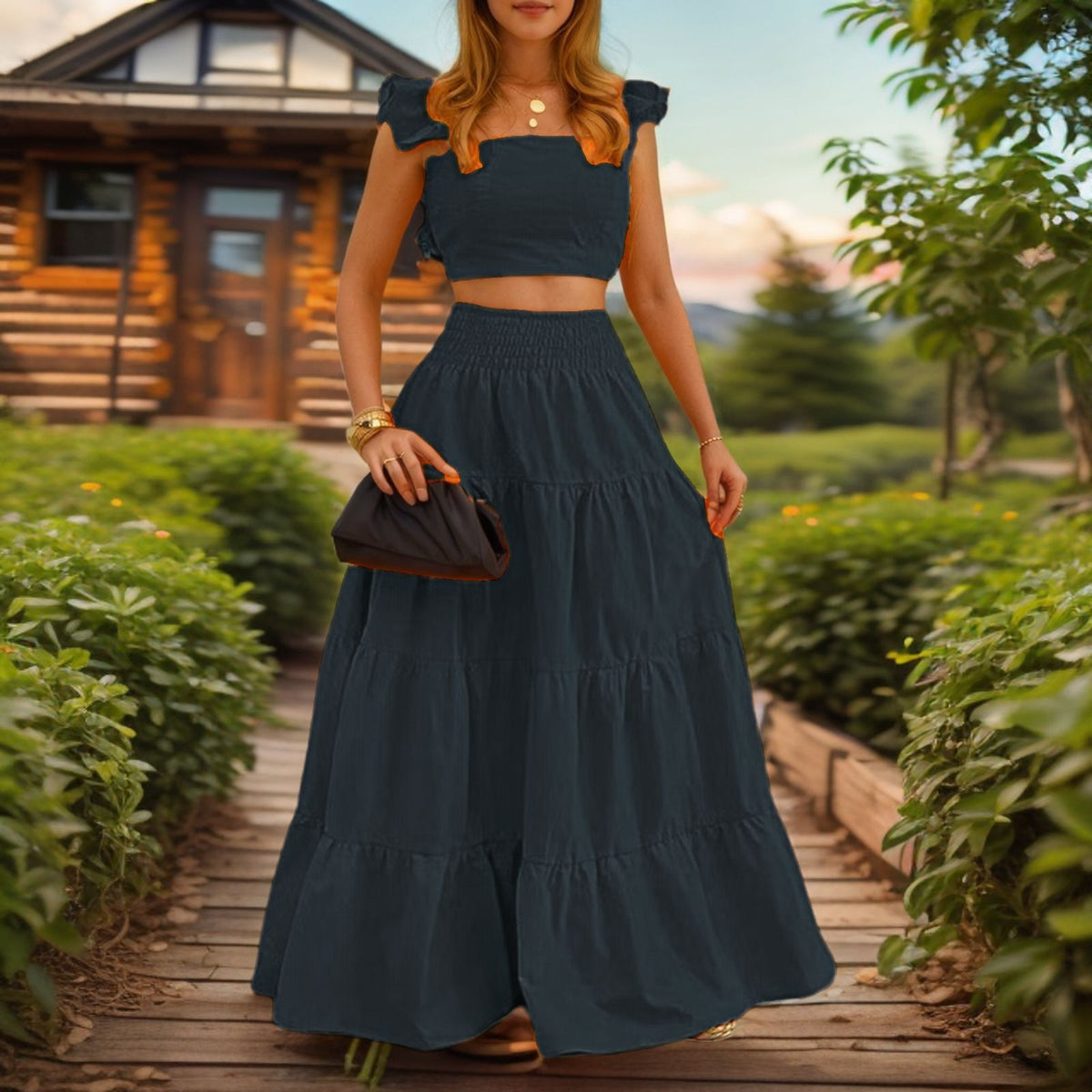 Lieske | Women's Tiered Ruffle-Strap Crop Top & Maxi Skirt Set