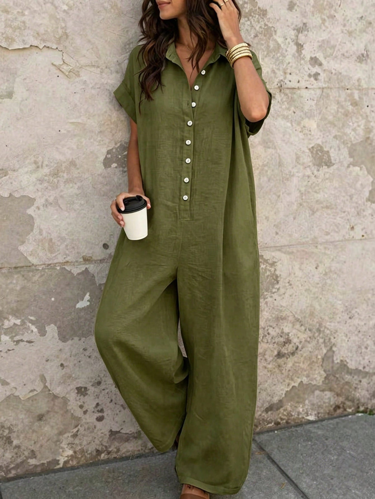 Naomi | Women's Wide-Leg Button-Front Shirt Collar Jumpsuit