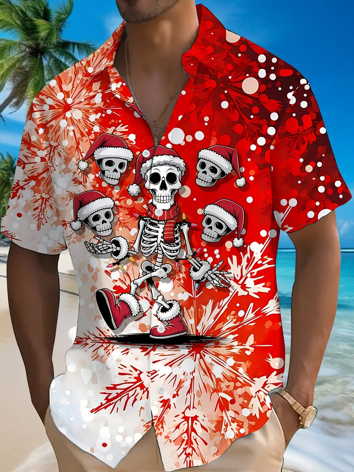 Bouke | Men's Pink Cartoon Print Short Sleeve Christmas Blouse