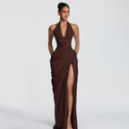 Edeltraud | Women's Halter V-Neck Ruched Slit Cocktail Dress