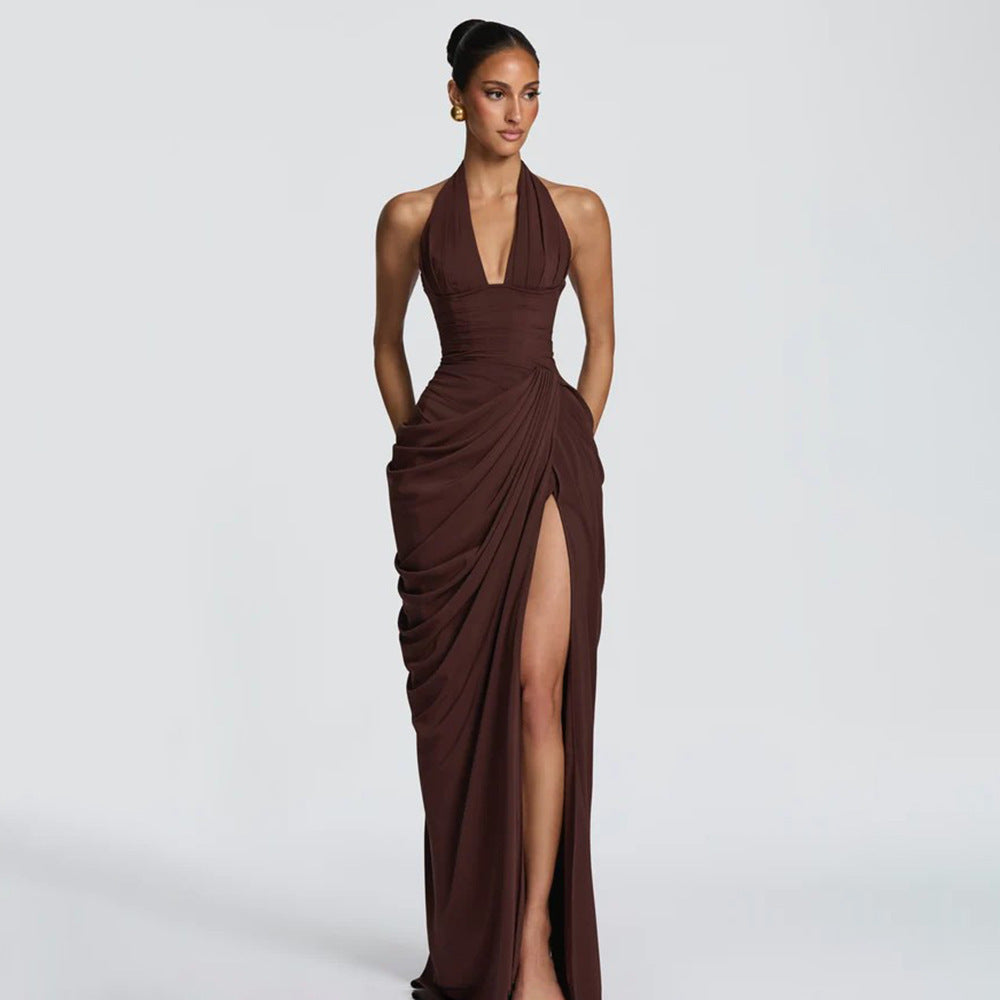 Edeltraud | Women's Halter V-Neck Ruched Slit Cocktail Dress