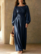 Lucienne | Women's Striped A-Line Puff-Sleeve Maxi Dress