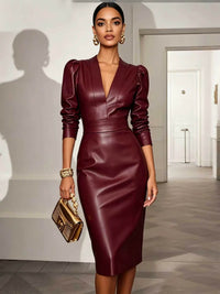 Burgel | Women's V-Neck Puff-Sleeve Maxi Dress Belted Bodycon