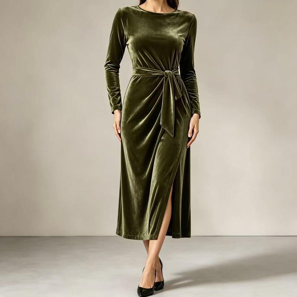 Bodine | Women's Belted Wrap Velvet-Look Maxi Dress