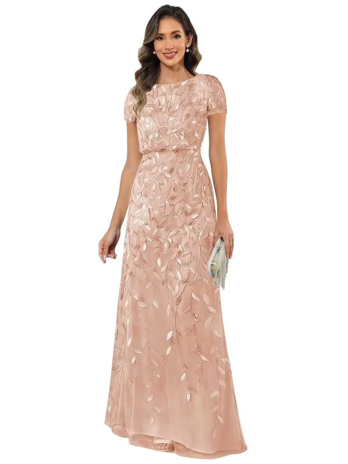 Fabiola | Women's Sequin Leaf Maxi Dress with Puff Sleeve