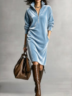 Alina | Women's Velvet Zip-Collar Maxi Dress with Pockets