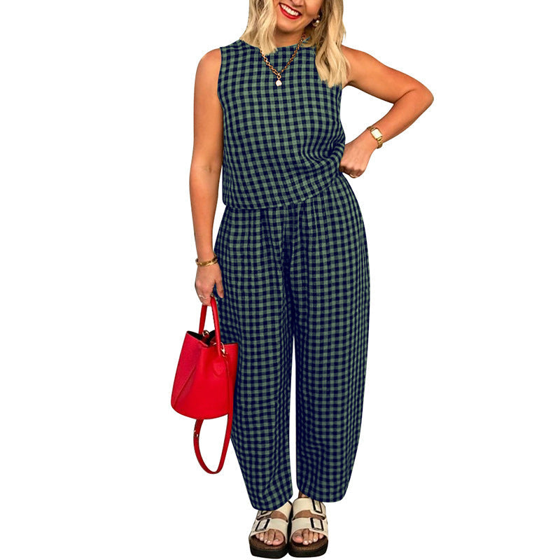 Irina | Women's Plaid Two-Piece Set Crop Top Wide Leg