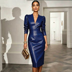 Burgel | Women's V-Neck Puff-Sleeve Maxi Dress Belted Bodycon