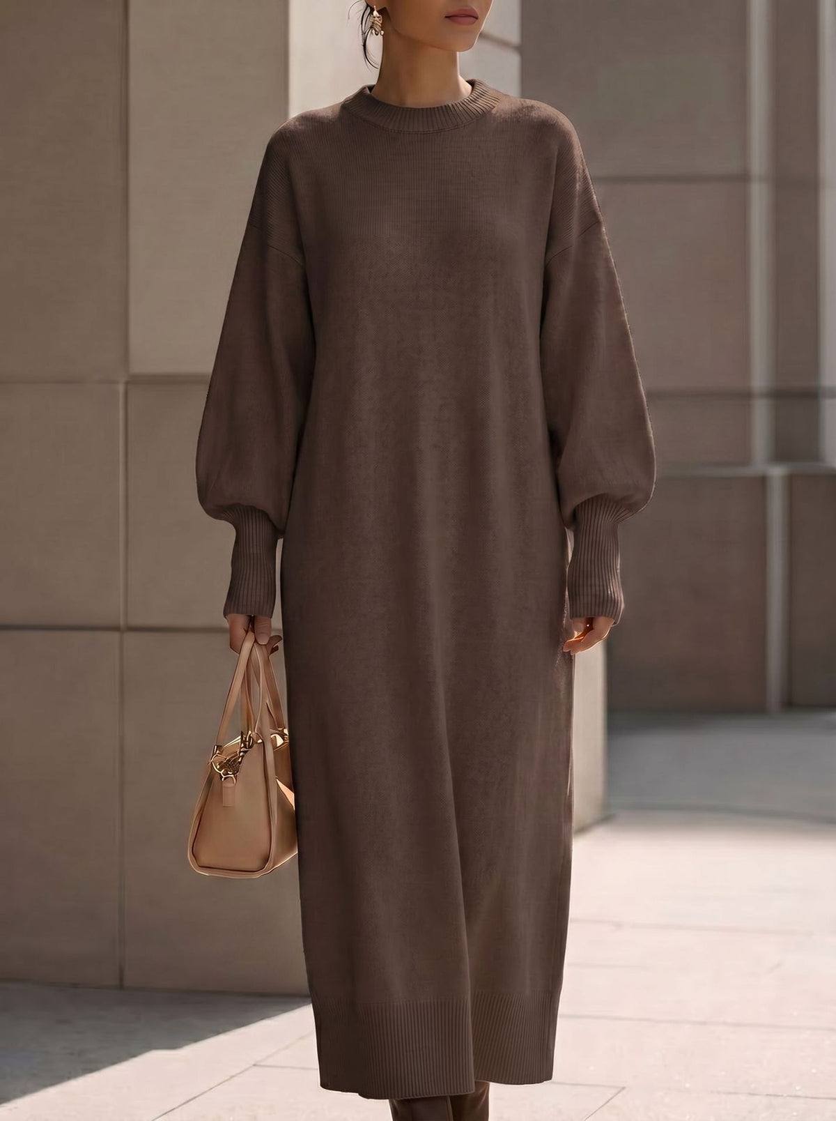 Aria | Women's Ribbed Lantern-Sleeve Knit Maxi Dress