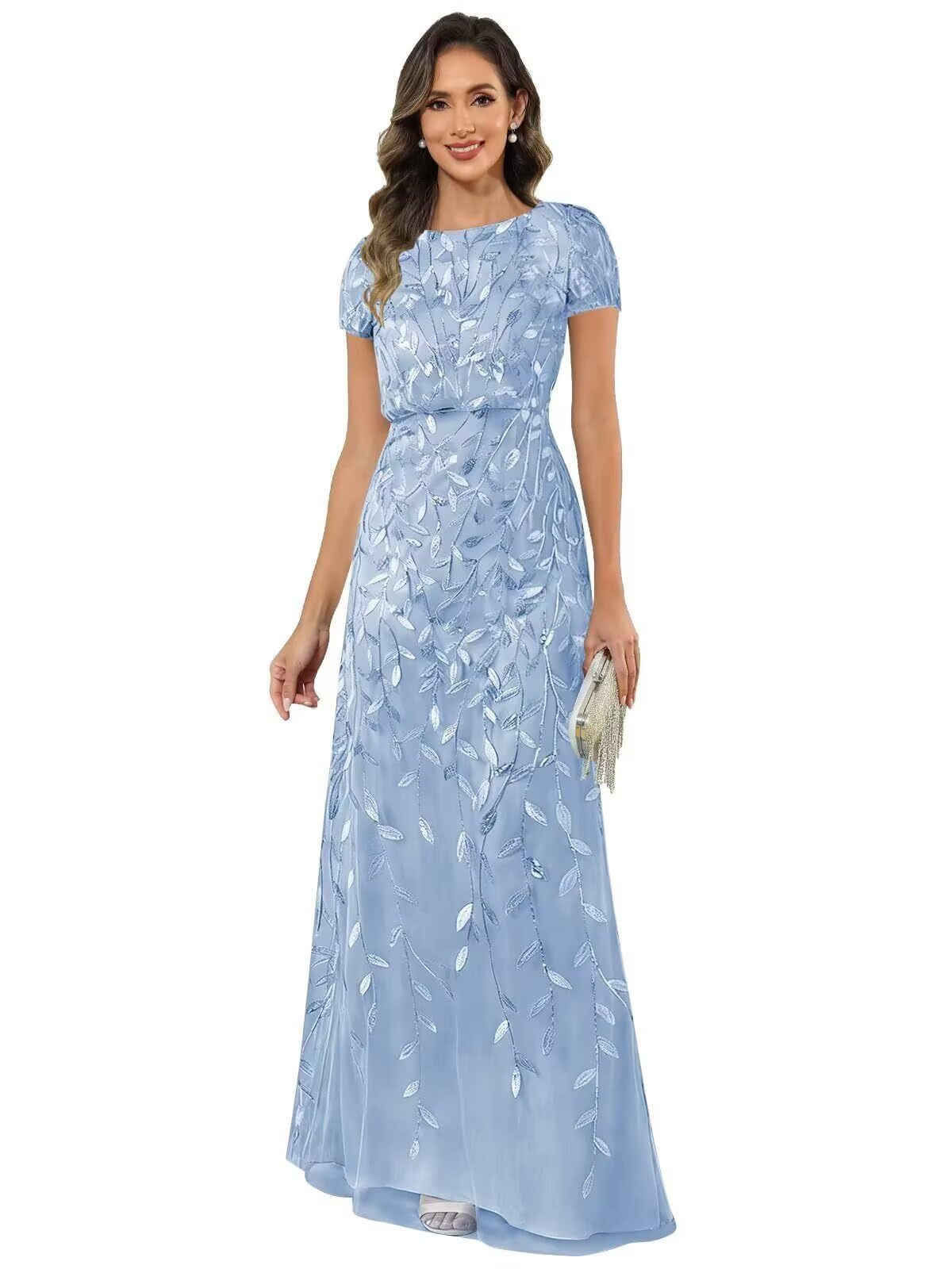 Fabiola | Women's Sequin Leaf Maxi Dress with Puff Sleeve
