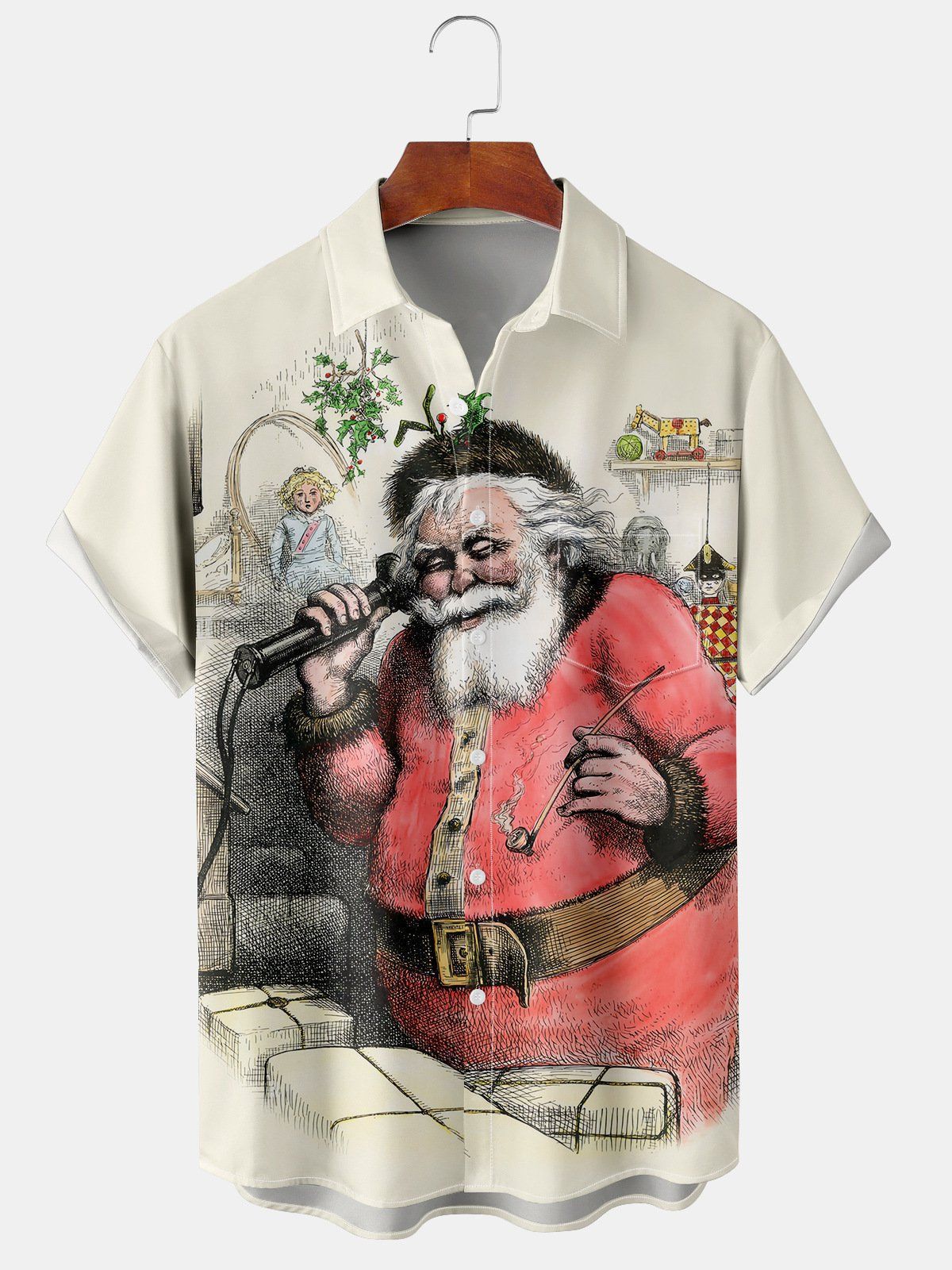 Callum | Men's Santa Print Short Sleeve Christmas Blouse
