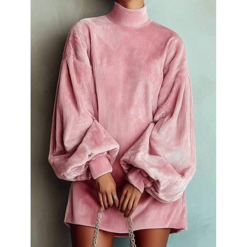 Wrenley | Women's Ribbed Lantern-Sleeve Mock Neck Mini Dress