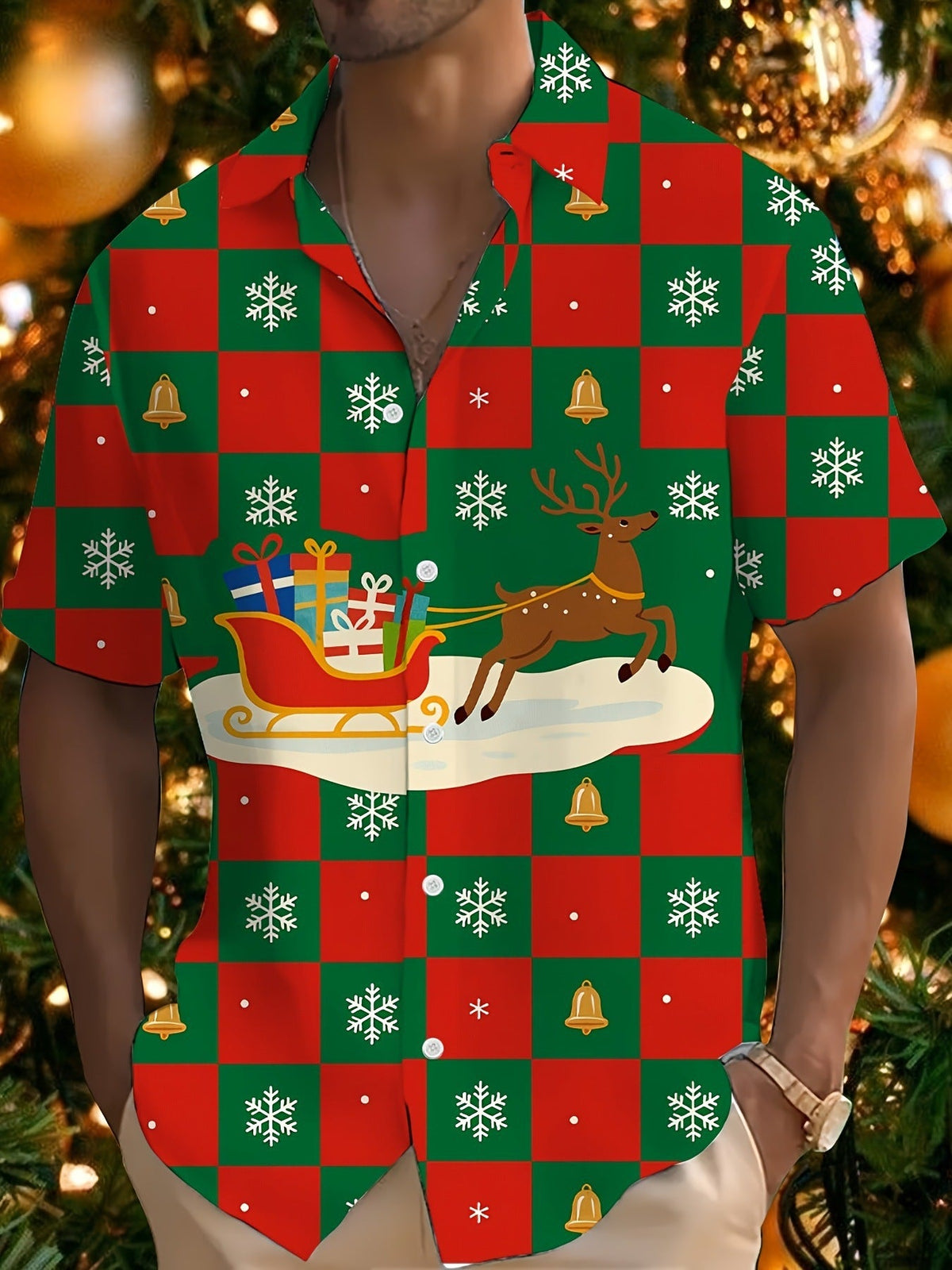 Bouke | Men's Pink Cartoon Print Short Sleeve Christmas Blouse