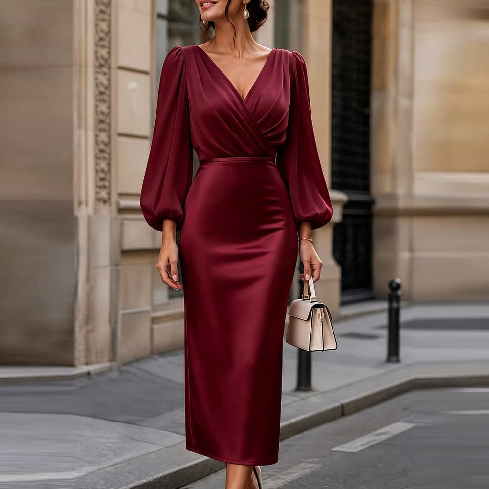Geesje | Women's Wrap V-Neck Puff Sleeve Midi Dress