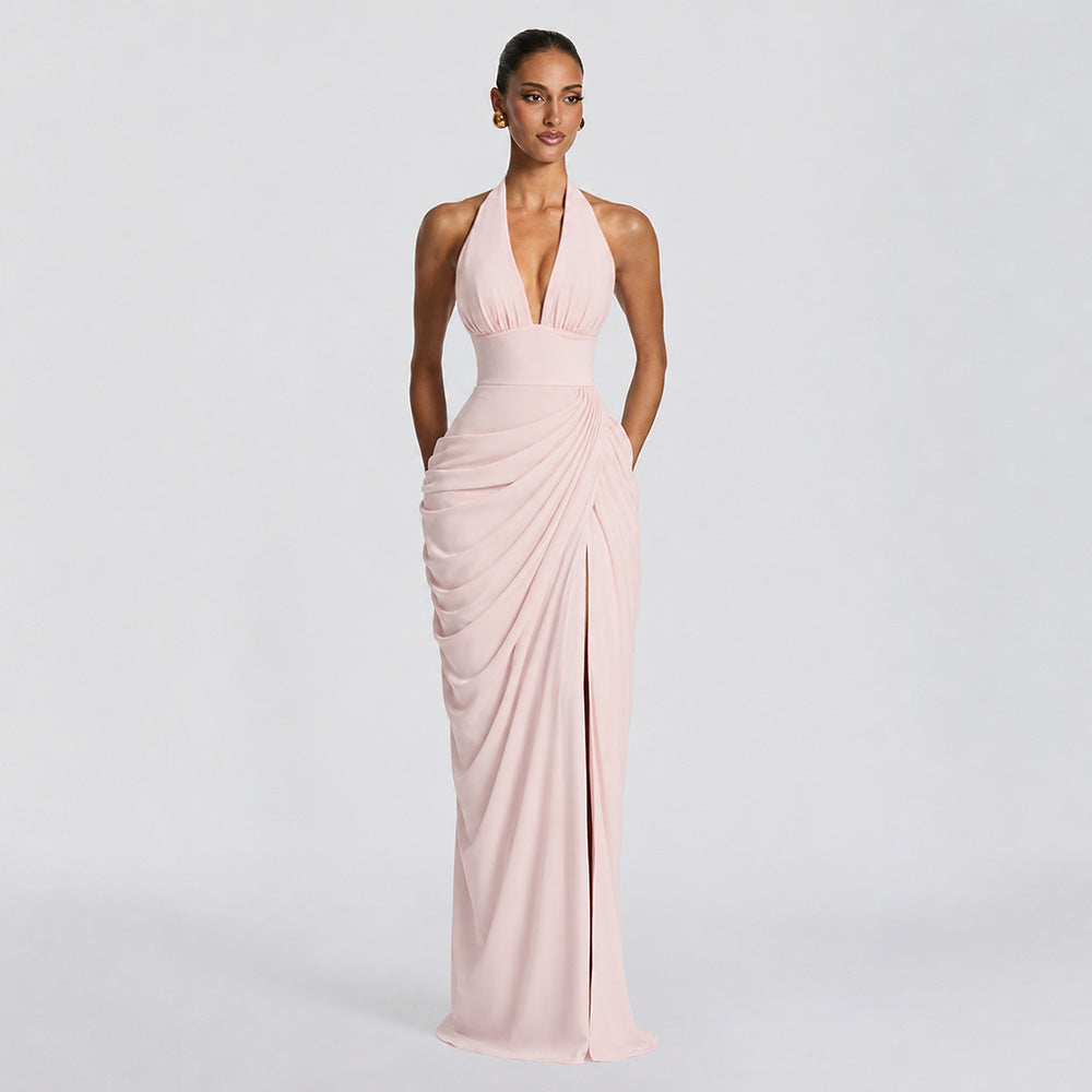 Edeltraud | Women's Halter V-Neck Ruched Slit Cocktail Dress