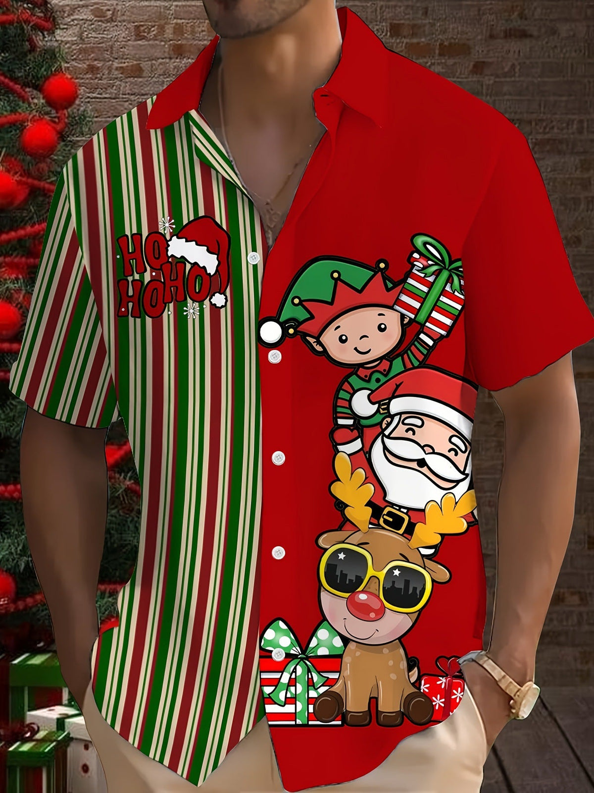 Bouke | Men's Pink Cartoon Print Short Sleeve Christmas Blouse