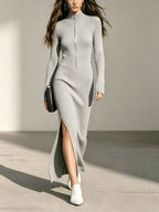 Marlyn | Women's Ribbed Zip-Front Sweater Dress with Side Slit
