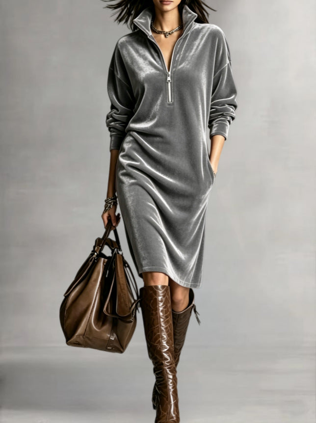 Alina | Women's Velvet Zip-Collar Maxi Dress with Pockets