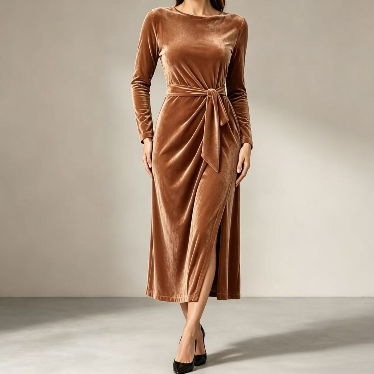 Bodine | Women's Belted Wrap Velvet-Look Maxi Dress