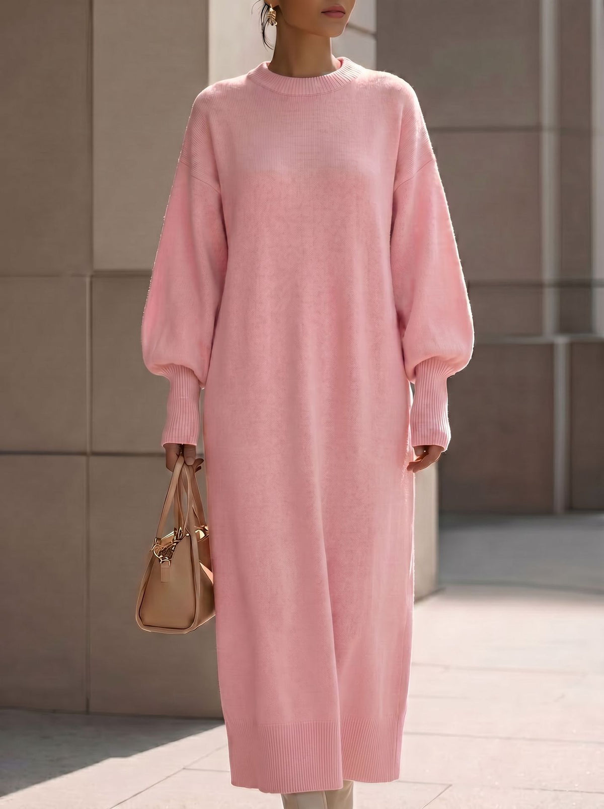 Aria | Women's Ribbed Lantern-Sleeve Knit Maxi Dress