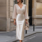 Geesje | Women's Wrap V-Neck Puff Sleeve Midi Dress