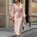 Geesje | Women's Wrap V-Neck Puff Sleeve Midi Dress