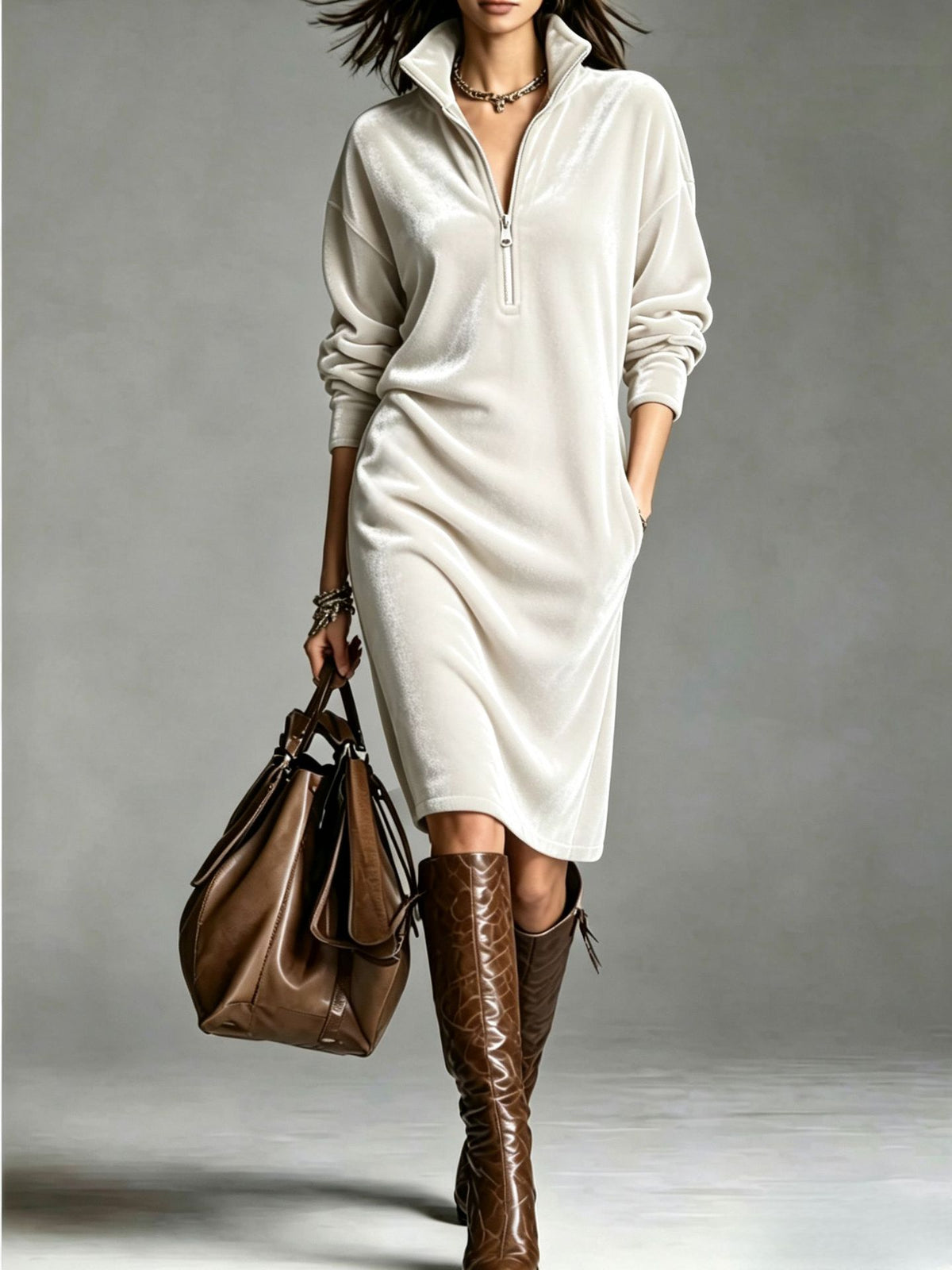 Alina | Women's Velvet Zip-Collar Maxi Dress with Pockets