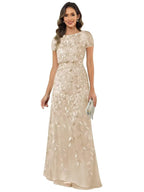 Fabiola | Women's Sequin Leaf Maxi Dress with Puff Sleeve