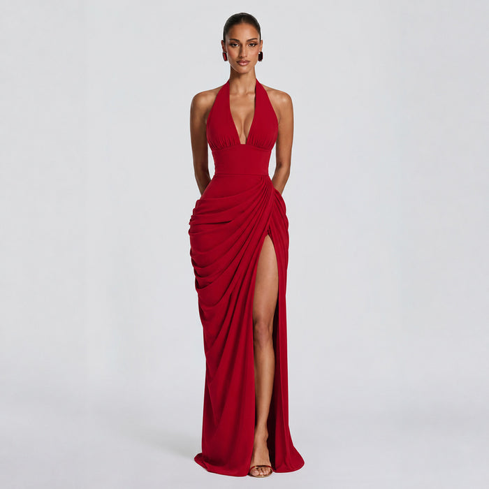 Edeltraud | Women's Halter V-Neck Ruched Slit Cocktail Dress