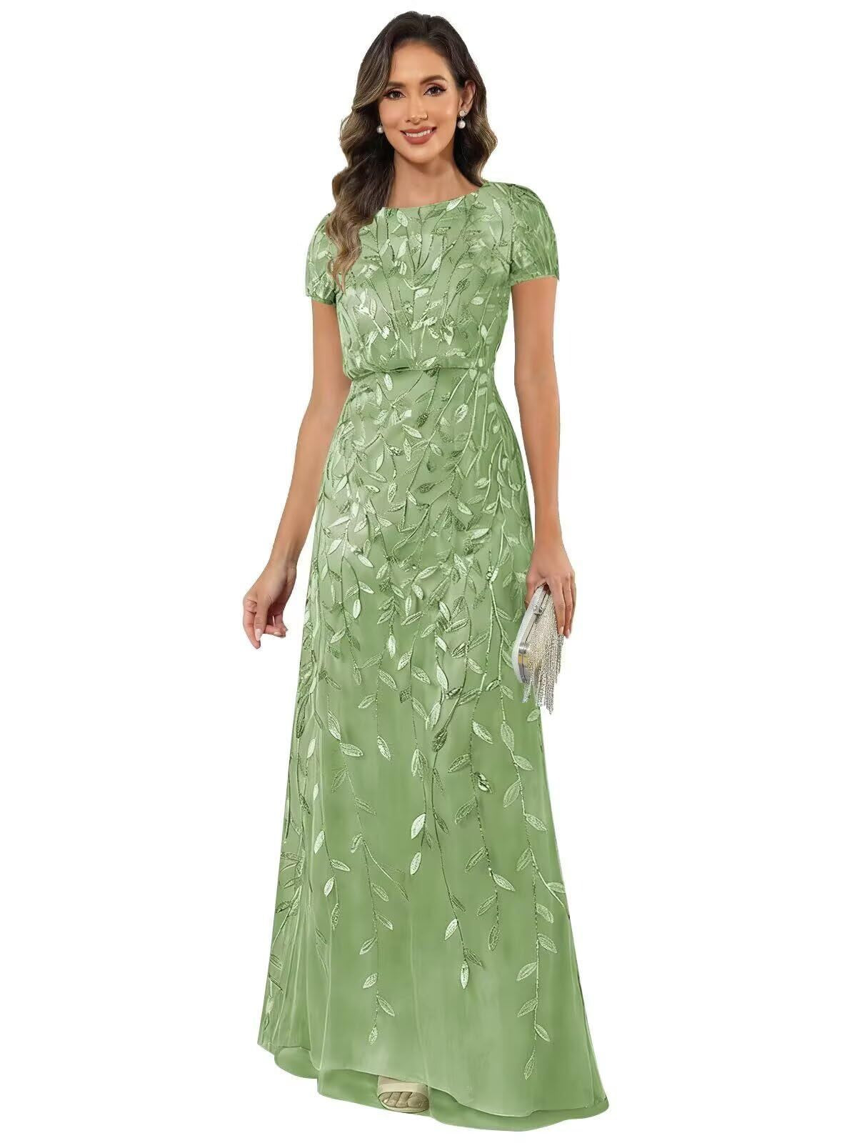 Fabiola | Women's Sequin Leaf Maxi Dress with Puff Sleeve