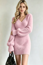 Gianna | Women's Fluffy V-Neck Knit Sweater Dress
