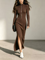 Marlyn | Women's Ribbed Zip-Front Sweater Dress with Side Slit