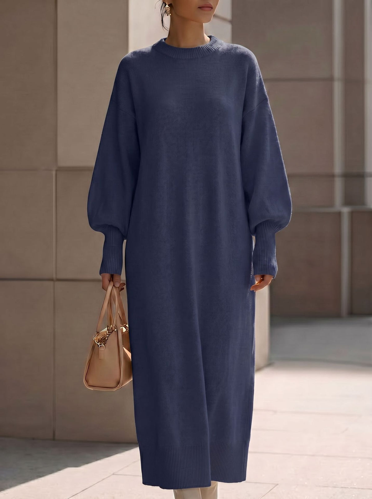Aria | Women's Ribbed Lantern-Sleeve Knit Maxi Dress