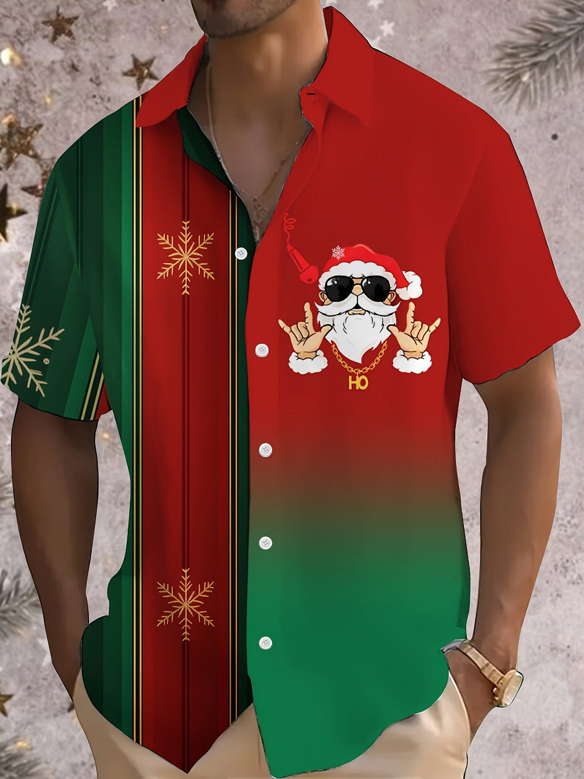 Bouke | Men's Pink Cartoon Print Short Sleeve Christmas Blouse