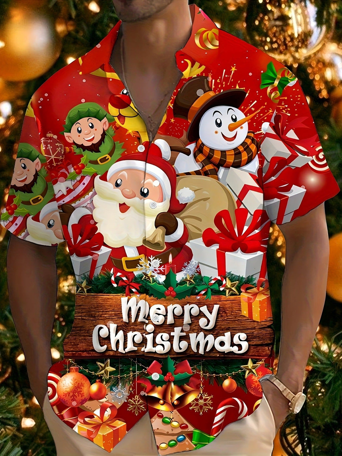 Bouke | Men's Pink Cartoon Print Short Sleeve Christmas Blouse
