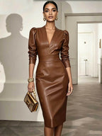 Burgel | Women's V-Neck Puff-Sleeve Maxi Dress Belted Bodycon