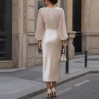 Geesje | Women's Wrap V-Neck Puff Sleeve Midi Dress