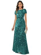 Fabiola | Women's Sequin Leaf Maxi Dress with Puff Sleeve