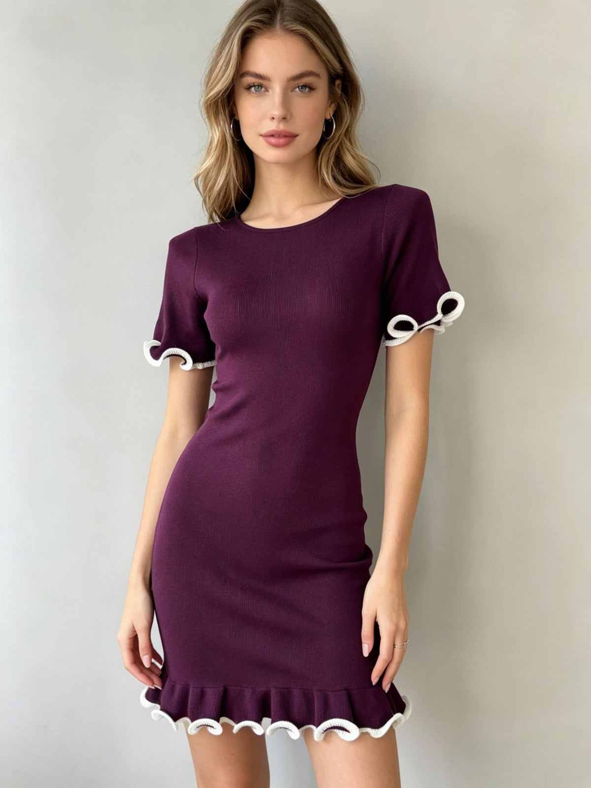 Amberley | Women's Ruffled Knit Mini Dress with Contrast Trim