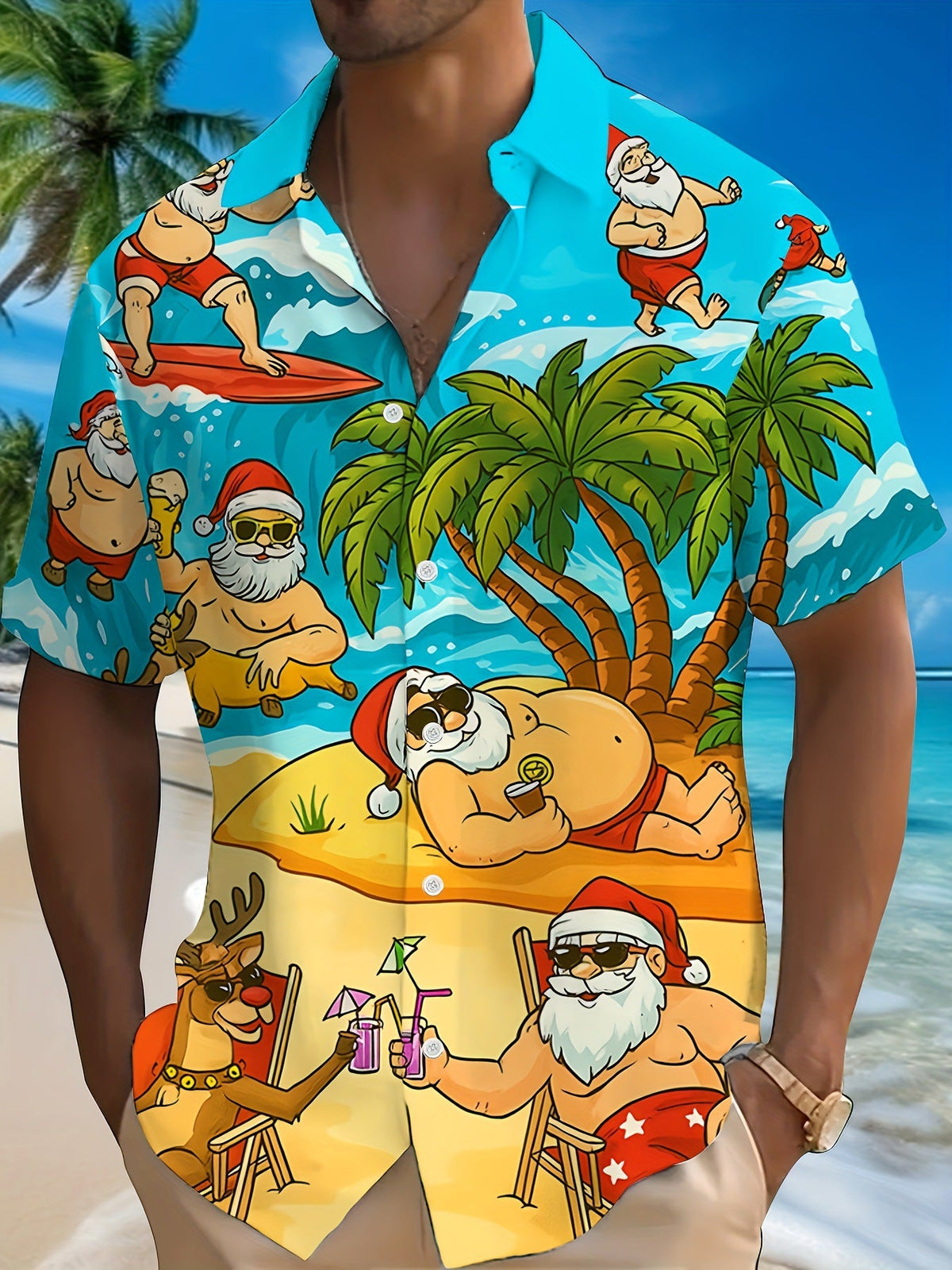 Bouke | Men's Pink Cartoon Print Short Sleeve Christmas Blouse
