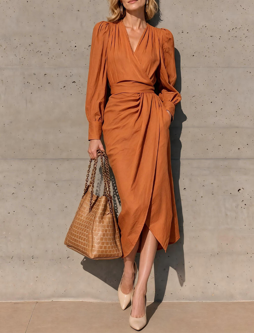 Alberte | Women's Wrap V-Neck Maxi Dress with Puff Sleeve