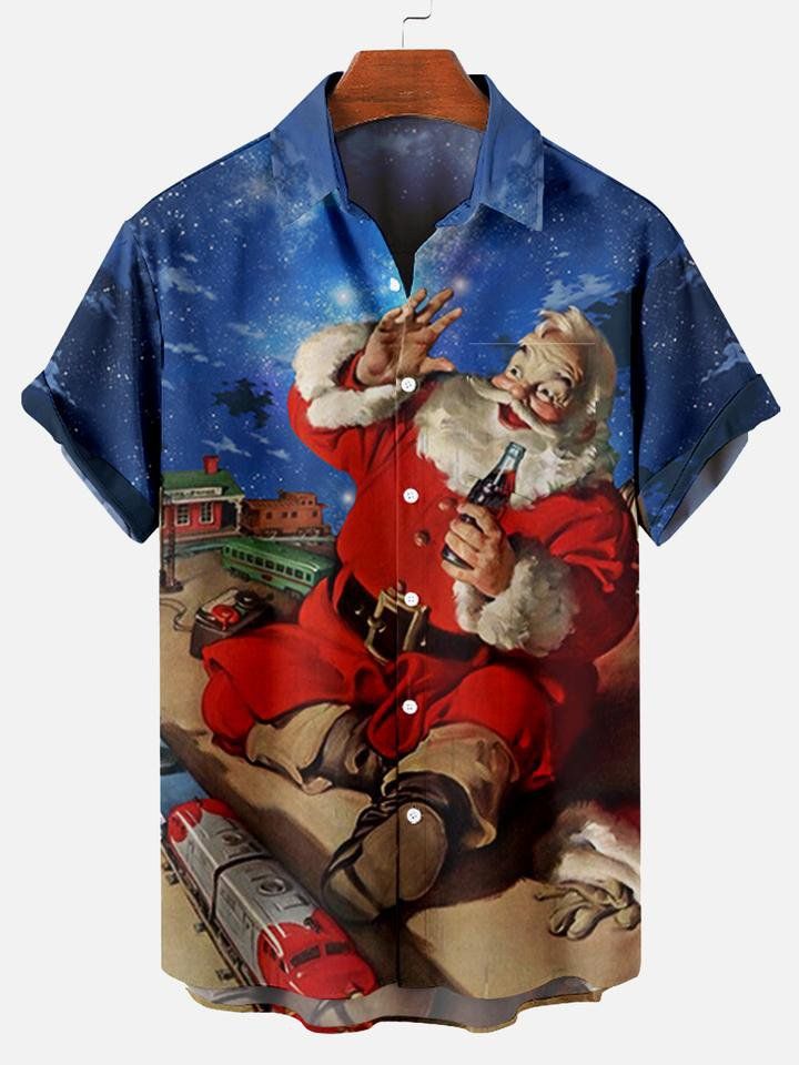 Callum | Men's Santa Print Short Sleeve Christmas Blouse