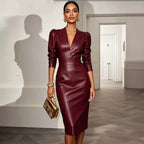Burgel | Women's V-Neck Puff-Sleeve Maxi Dress Belted Bodycon