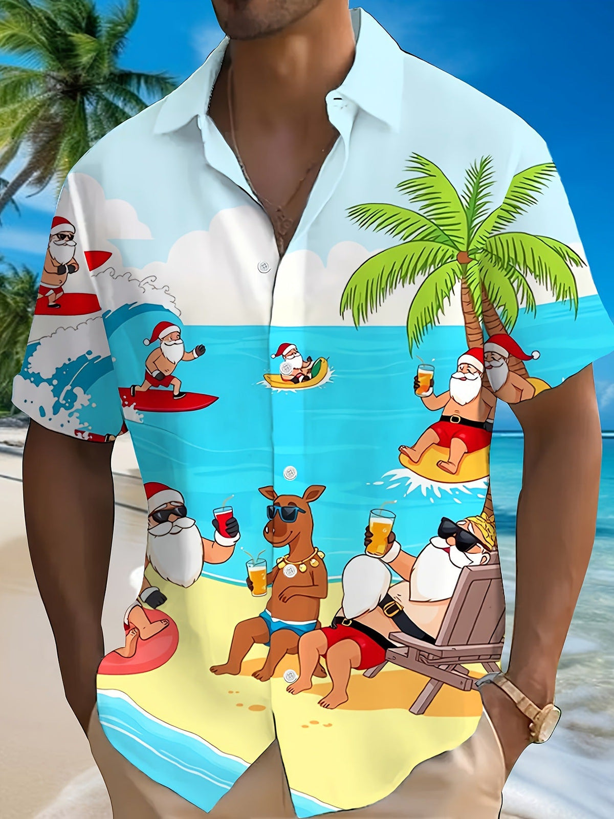 Bouke | Men's Pink Cartoon Print Short Sleeve Christmas Blouse