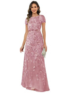 Fabiola | Women's Sequin Leaf Maxi Dress with Puff Sleeve