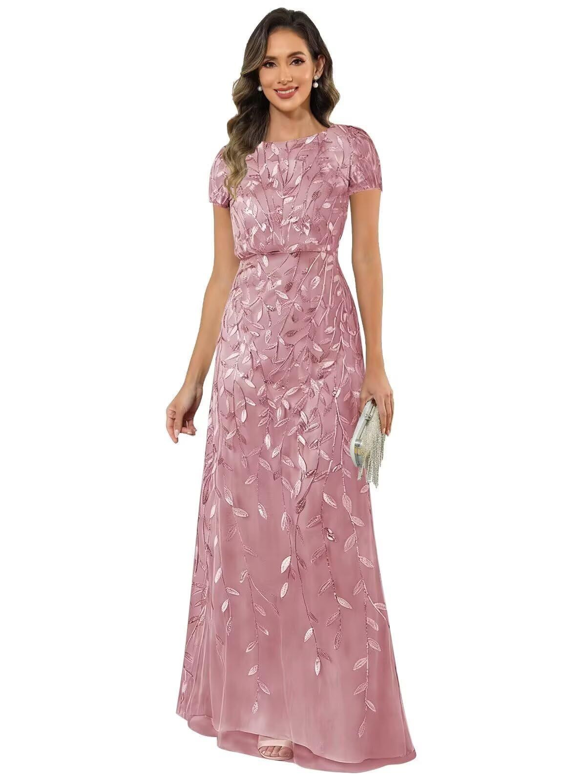 Fabiola | Women's Sequin Leaf Maxi Dress with Puff Sleeve
