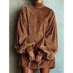 Wrenley | Women's Ribbed Lantern-Sleeve Mock Neck Mini Dress
